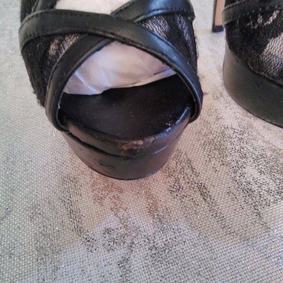 PAPER FOX 6.5 BLACK SHEER LACE & SOLID ANKLE BOOTIE PLATFORM HEELS holiday party - Picture 11 of 13